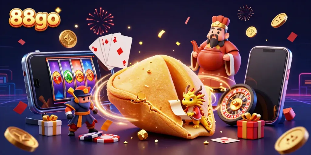 Experience winning with 88go, featuring a golden fortune cookie guardian in a vibrant casino scene.