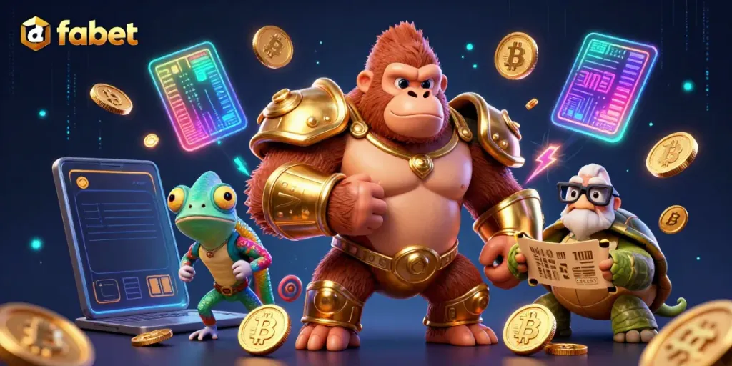 Engage in thrilling gameplay at fabet with vibrant casino elements and lively characters.