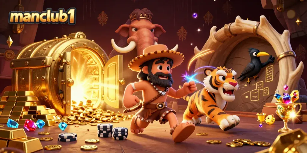 Experience thrilling adventures at manclub1 with 3D caveman and sabertooth characters in a dynamic casino scene.