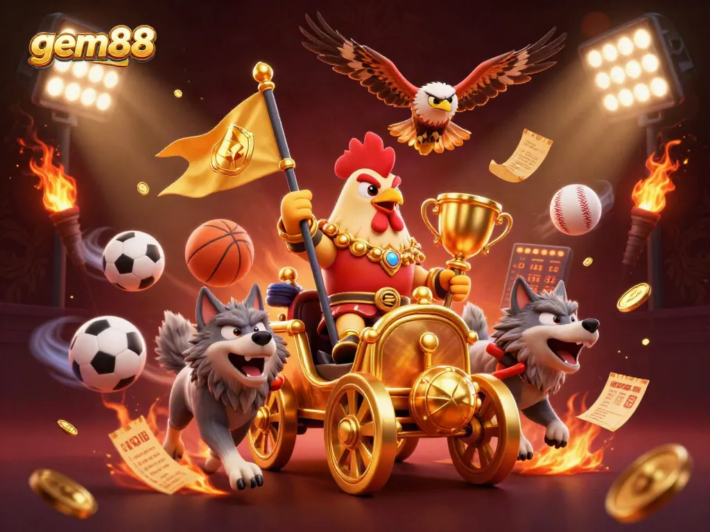 Experience thrilling sports betting with gem88 as the rooster warlord leads the action in a dynamic casino scene.
