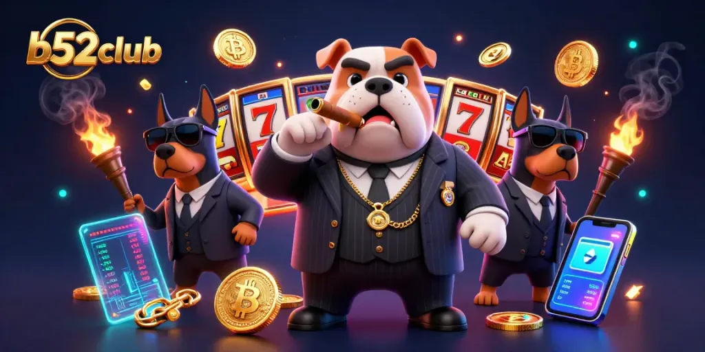 Experience the thrill of b52club with a dynamic casino scene featuring cartoon mafia characters amidst dazzling slot elements.