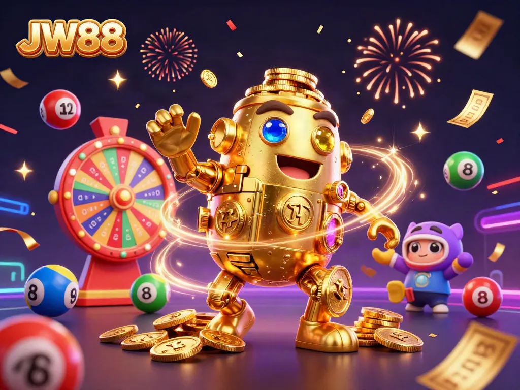 Experience thrilling excitement at JW88 with dynamic lottery elements and a golden golem in a vibrant casino scene.