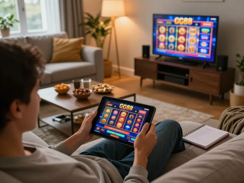 Engaging scene of a user playing GG88 online casino on a tablet from home, emphasizing responsible gaming.