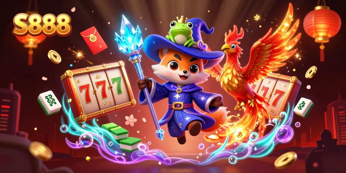 S888 showcases vibrant 3D illustrations of casino elements, slot reels, and mythical characters for immersive gameplay.