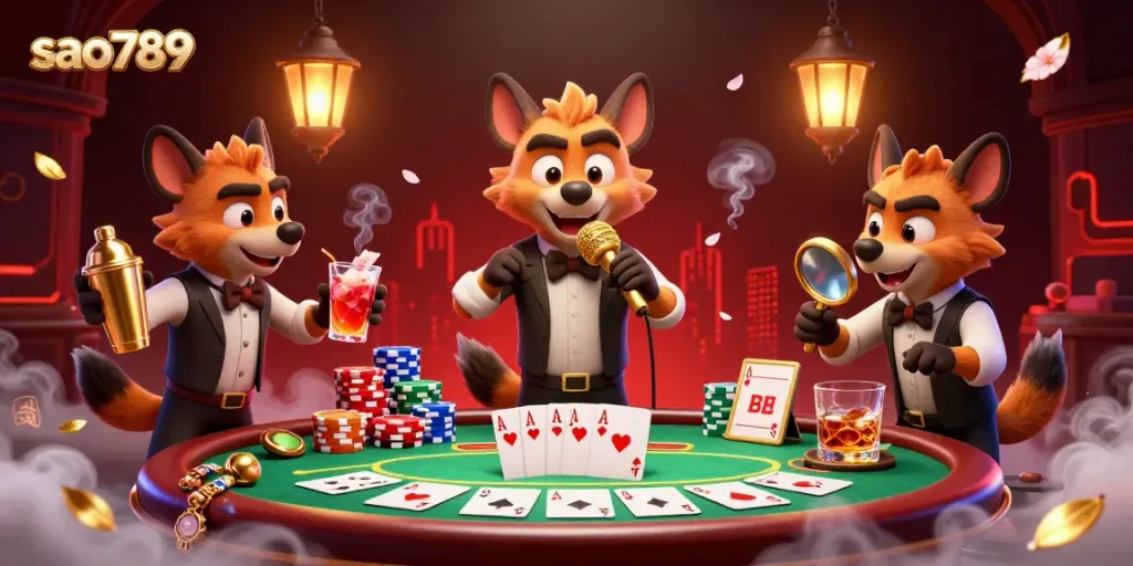 Sao789 gaming illustration showing hyenas in a comedy casino club, engaging around a poker table.