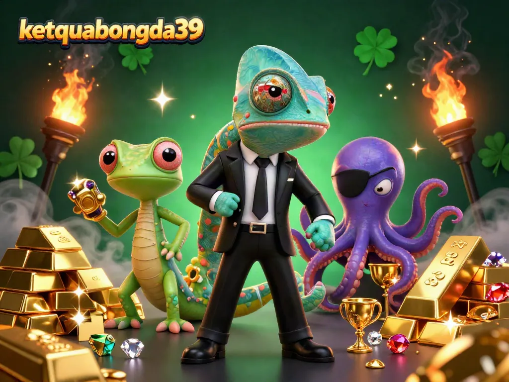 Watch the exciting action on ketquabongda39 with a vibrant illustration of cartoon characters amidst piles of treasures.