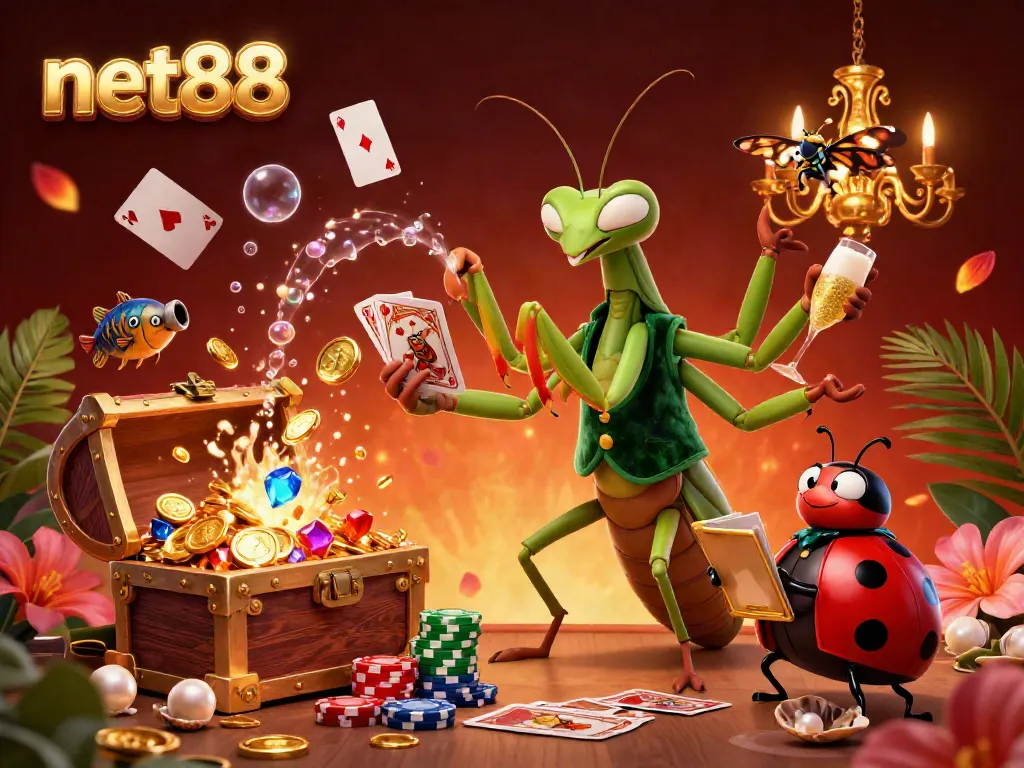 Play and win at net88 with vibrant 3D characters and casino-themed elements in a rich aquatic scene.