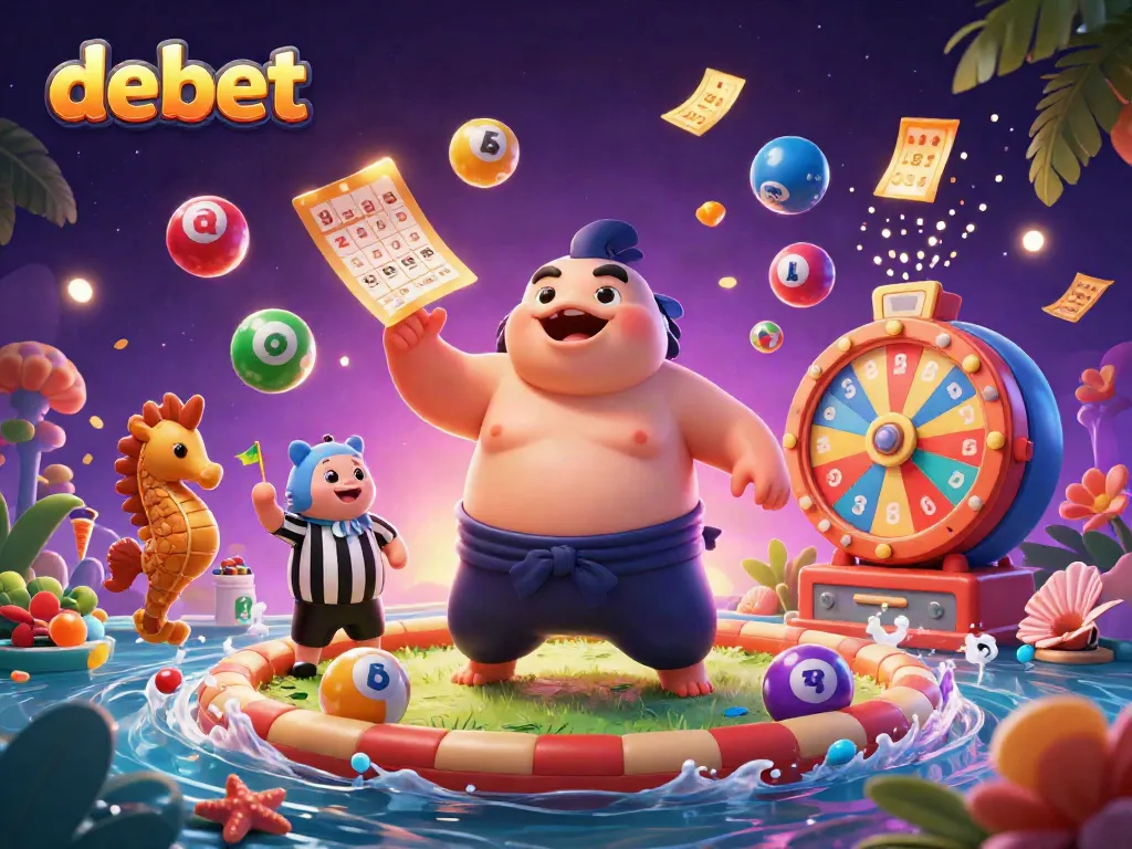 Engage with debet lottery fun featuring a vibrant underwater scene with a blowfish, referee, and seahorse spectators.
