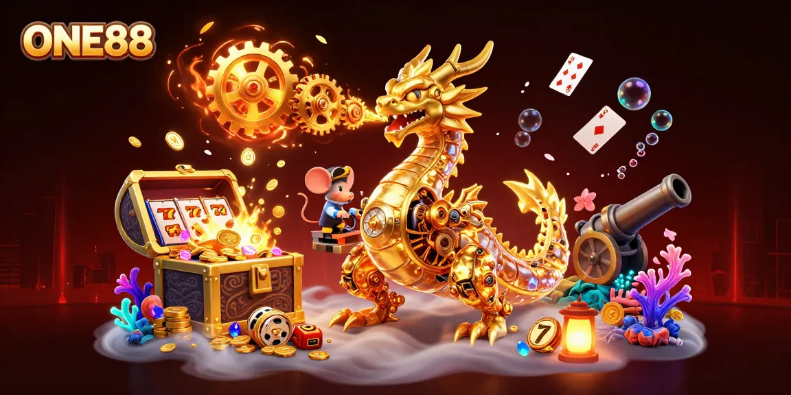 Experience the thrill of ONE88 with golden dragon, slots, and treasure in vibrant 3D illustration.