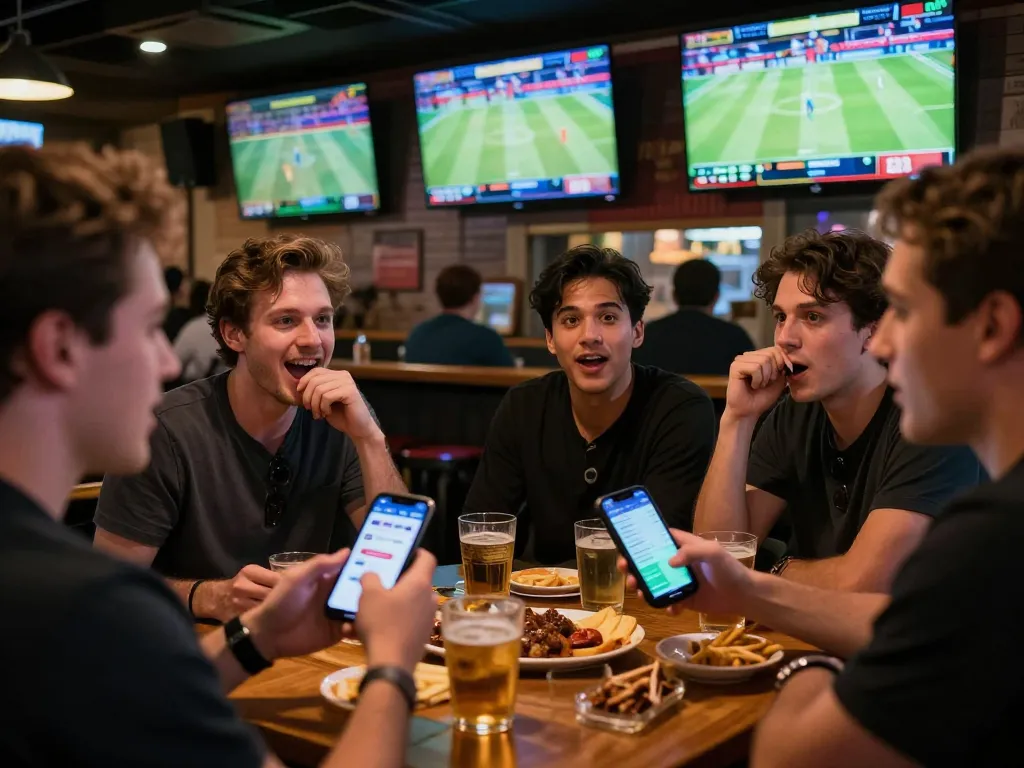 Experience the excitement of keonhacai tv with friends as they engage in sports betting at a vibrant sports bar.