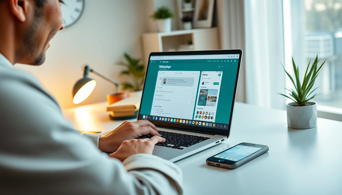 Efficient communication using WhatsApp网页版 on a laptop in a modern workspace.