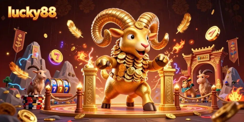 Engage with lucky88's thrilling casino adventure featuring a golden ram charging at the gates.