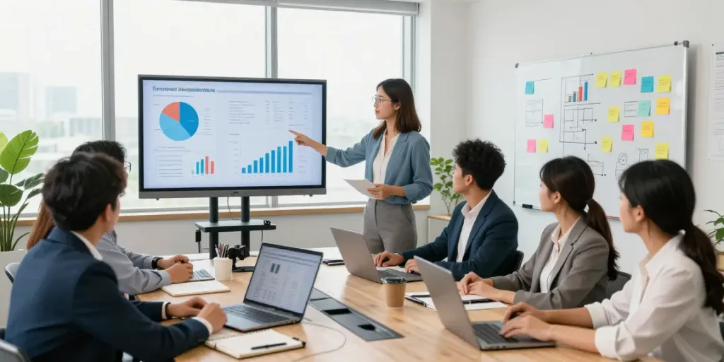 Scéna spolupracujícího týmu na genderové rovnosti při práci na https://Equalspartners.com v moderní kanceláři.
