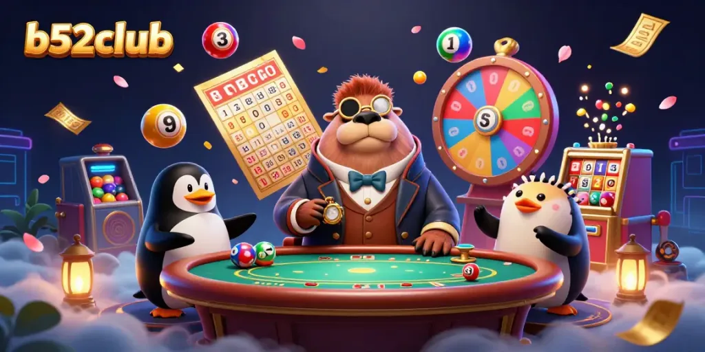Engage with b52club's thrilling underwater poker game featuring a walrus, penguin dealer, and flamboyant fish player.