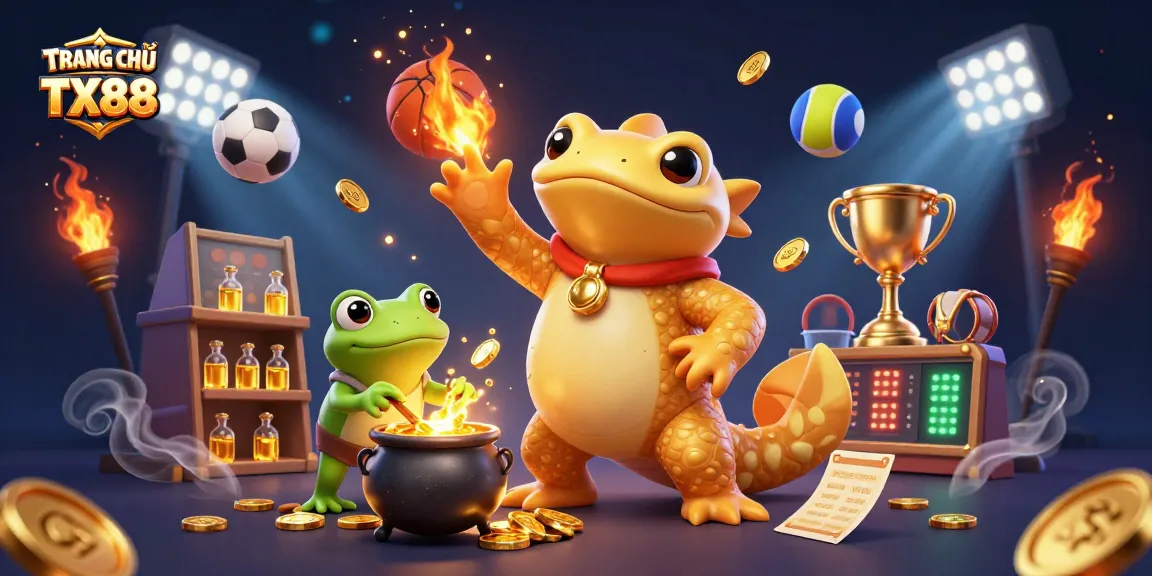 Engage with exciting gameplay at TRANG CHỦ TX88 featuring golden elements, a bubbling cauldron, and dynamic sports action.
