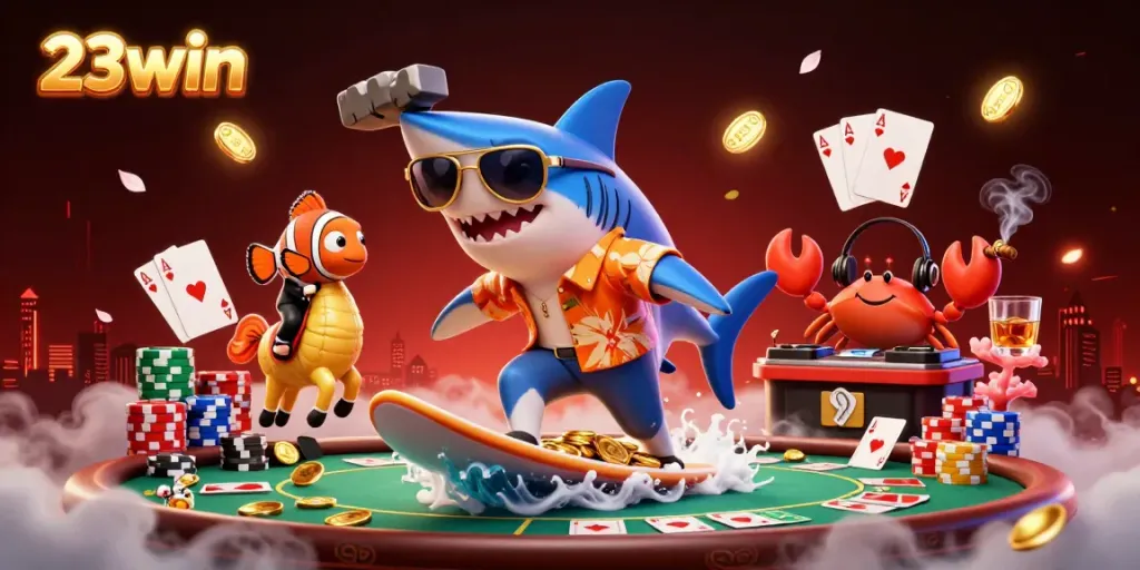 Engage in thrilling gameplay with 23win's vibrant 3D casino scene featuring animated characters and vibrant poker elements.