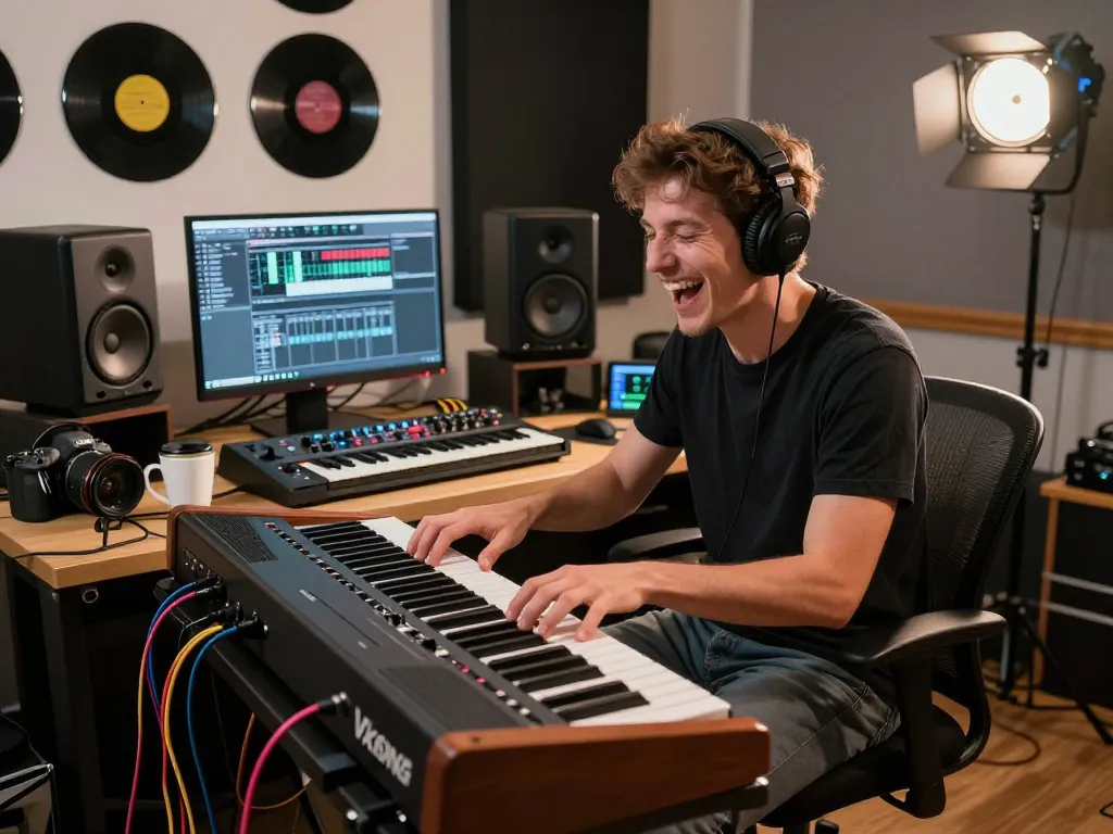 Musician enthusiastically playing a VK88 organ in a vibrant music studio, showcasing creative energy.
