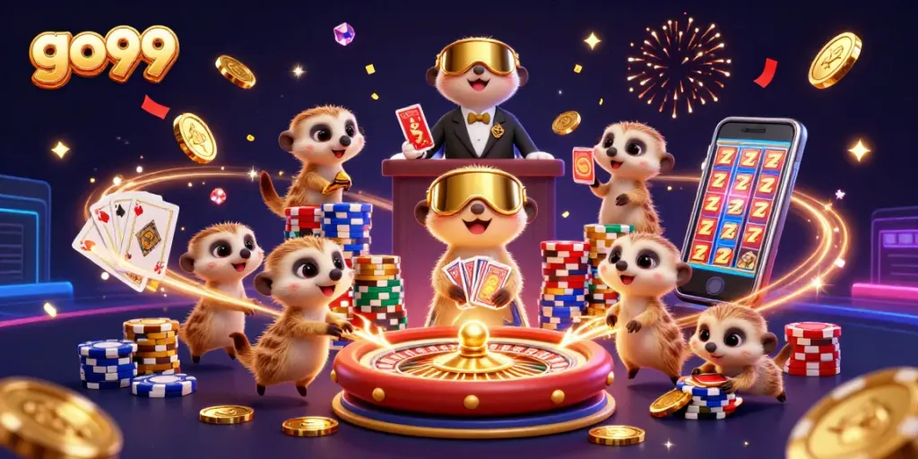 Go99 meerkats expertly managing a vibrant casino scene full of excitement and winning moments.