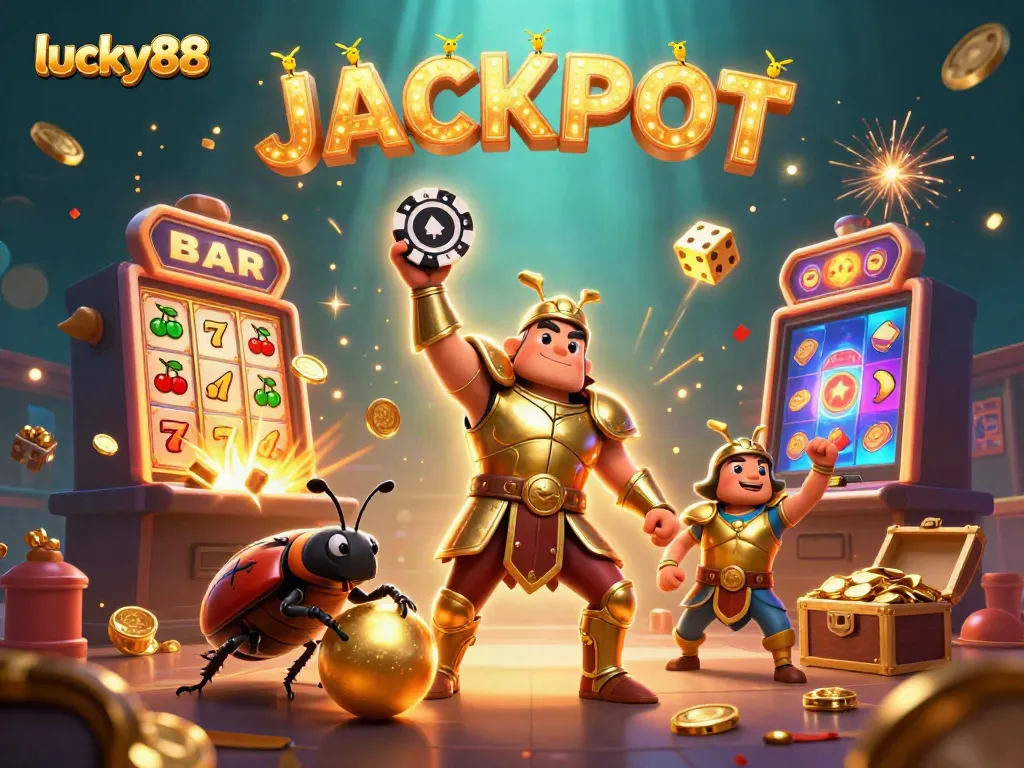 Engage with lucky88's exciting casino ecosystem featuring a heroic beetle and vibrant gaming elements.