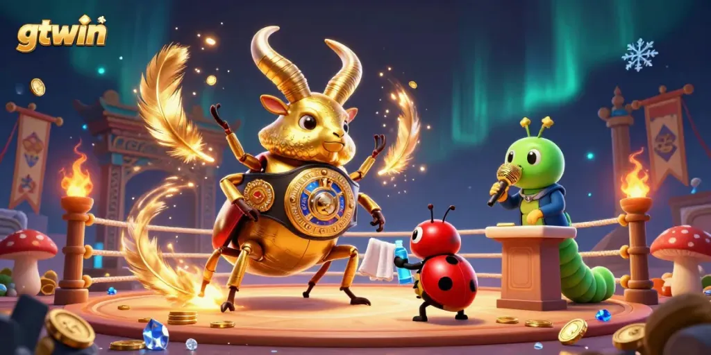 Experience the vibrant battle of the GTWIN giant stag beetle adorned in a championship belt.