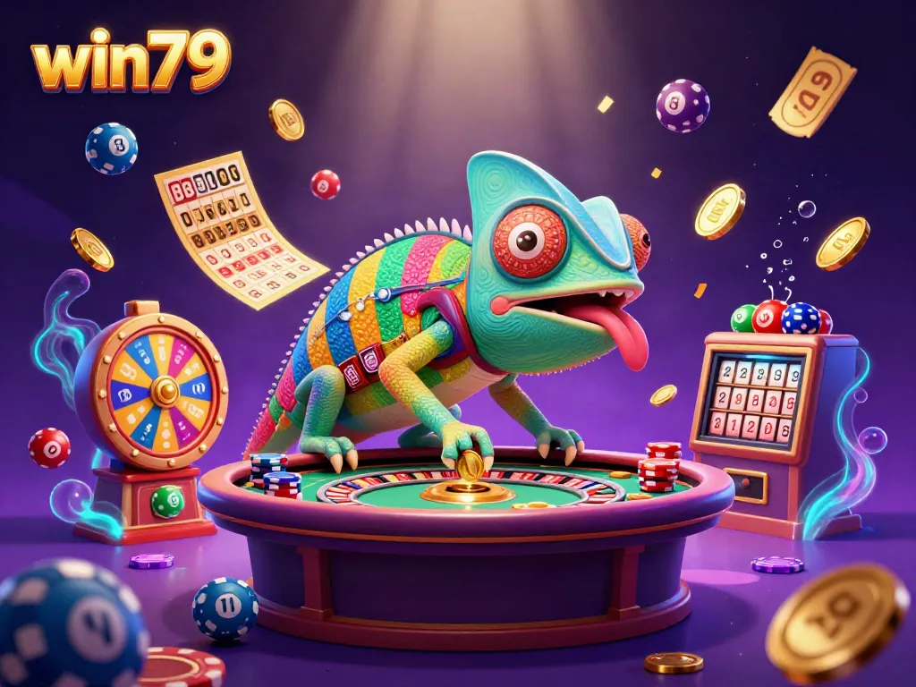Experience thrilling gambling action with win79, featuring a colorful chameleon casino owner and dynamic game elements.