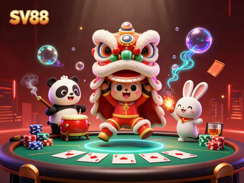 Engaging scene with SV88 showcasing a lion dance and casino elements for players.