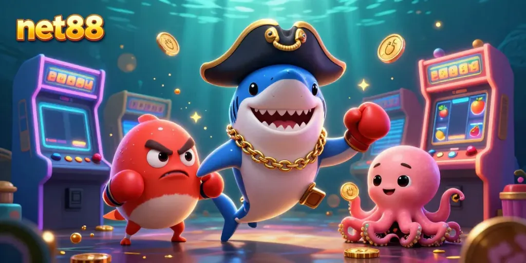 Experience thrilling moments with net88's vibrant 3D casino illustration, featuring charming characters amidst slot reels and coins.