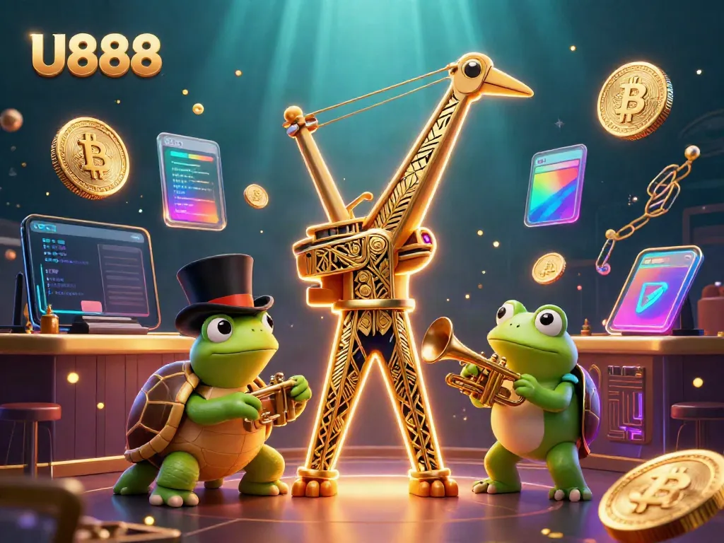 Enjoy U888's vibrant casino experience with a lively 3D illustration including unique characters and crypto elements.