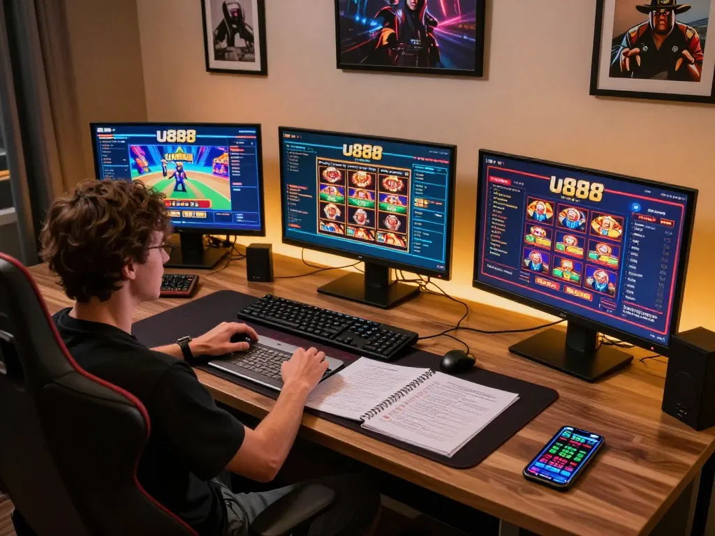 Engaging with u888 casino games on multiple screens in a cozy gaming setup.
