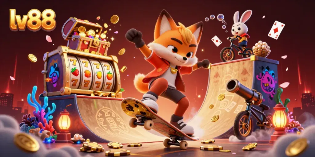 lv88 slot gaming scene featuring a fox and rabbit amidst vibrant casino elements