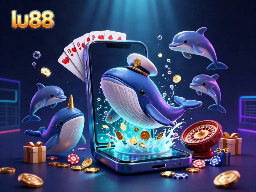 Experience exciting gaming at lu88 with a colorful underwater scene featuring a whale and playful dolphins.