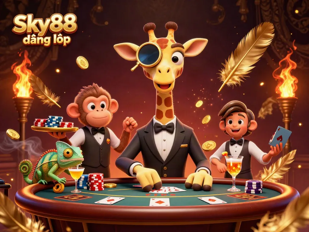 Experience the excitement of Sky88 đăng nhập with thrilling live casino action featuring a high-roller giraffe, monkey valet, and chameleon bartender.