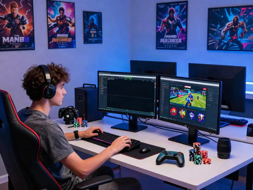 Engaged gamer exploring man88 online platform with vibrant gaming setup.