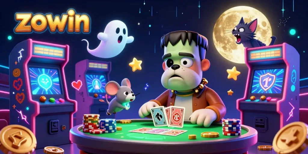 Zowin shows a whimsical casino scene with a cartoon bulldog monster dealing cards, embodying a playful gaming atmosphere.