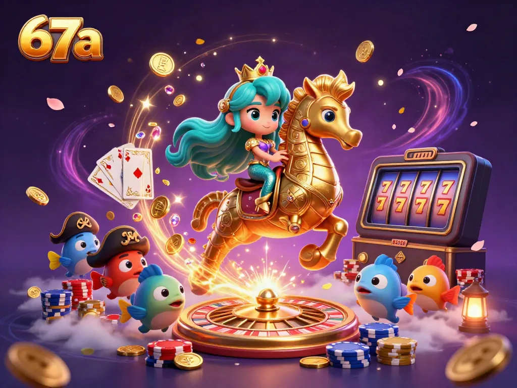 Experience the vibrant world of 67a with a playful mermaid riding a seahorse amidst dazzling casino elements.