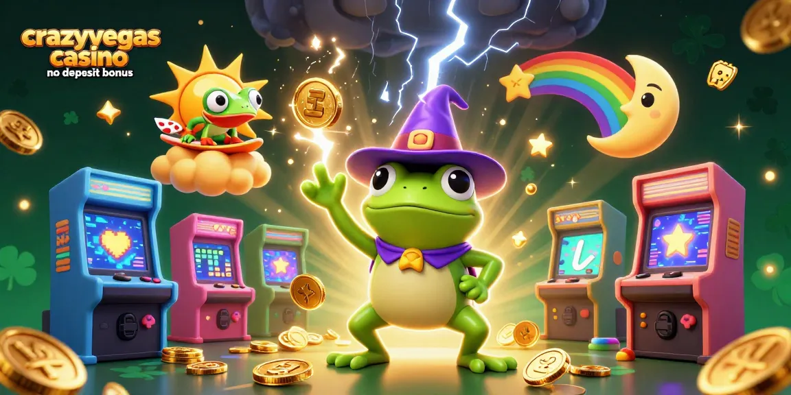 Experience the thrill of crazyvegas casino no deposit bonus with a vibrant 3D illustration of a frog wizard and chameleon in an enchanting gaming scene.