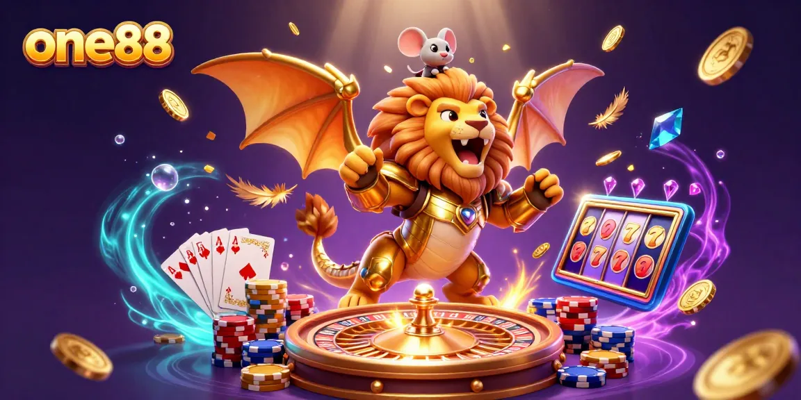 Spin to win at one88 with a vibrant 3D casino illustration featuring golden coins and lucky symbols.