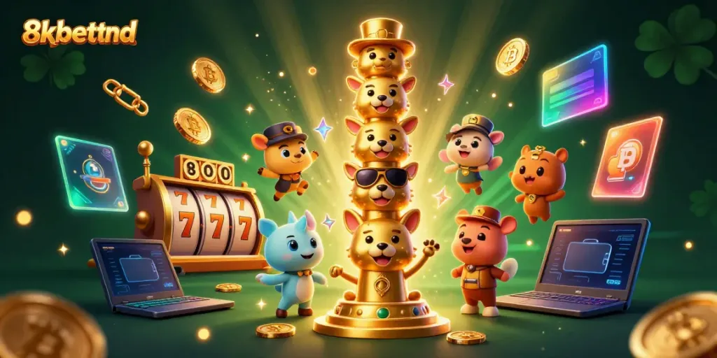 Engage in thrilling wins at 8xbetttbd as golden totem characters celebrate jackpots amidst glittering casino symbols.