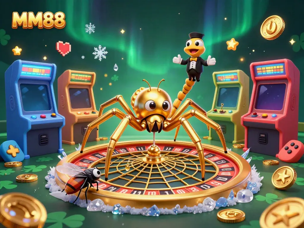 Bet on MM88 with a golden spider and vibrant casino elements in an animated scene.