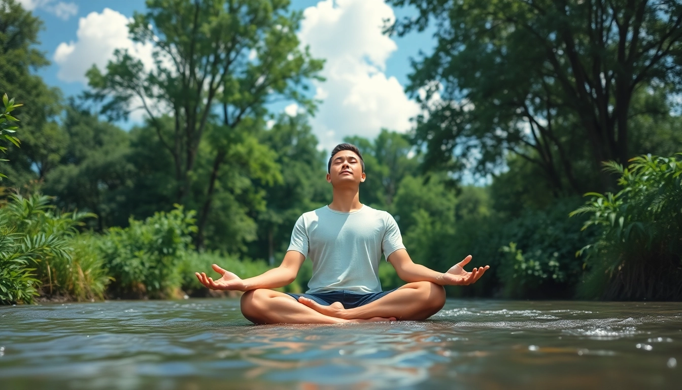 Practitioner meditating in nature to alleviate stress and anxiety with peaceful surroundings.