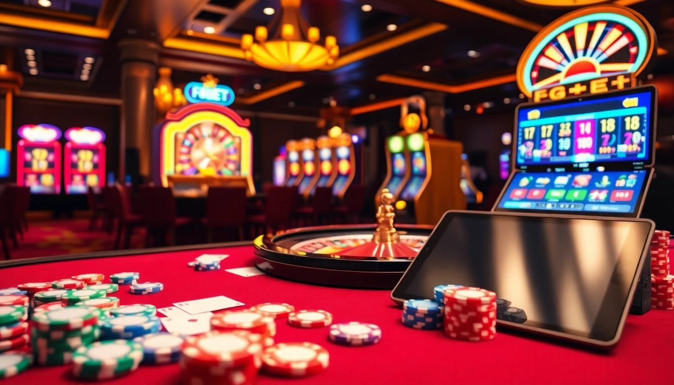 Experience F8BET's thrilling casino atmosphere with vibrant poker tables and exciting slot machines.