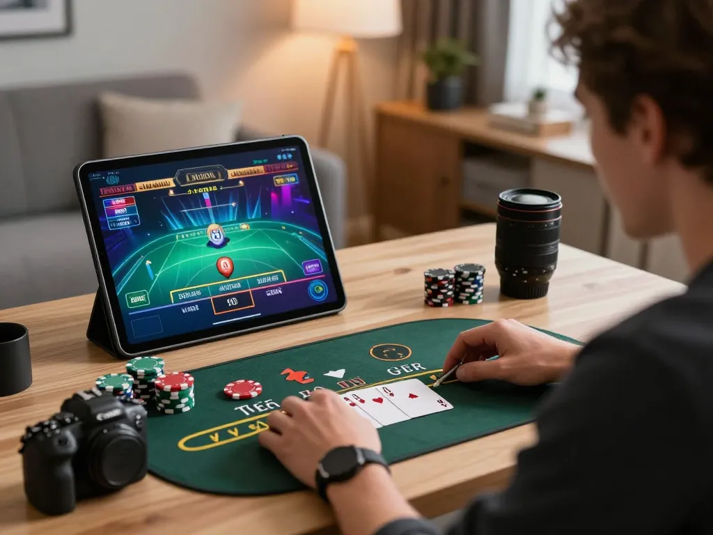 Engaged player at home using uk88 for live dealer blackjack on tablet.
