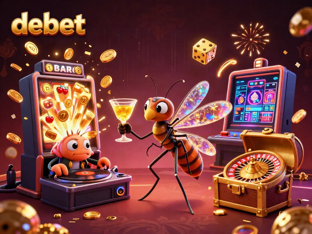 Experience debet's vibrant casino atmosphere with animated characters, slot machines, and dynamic effects.