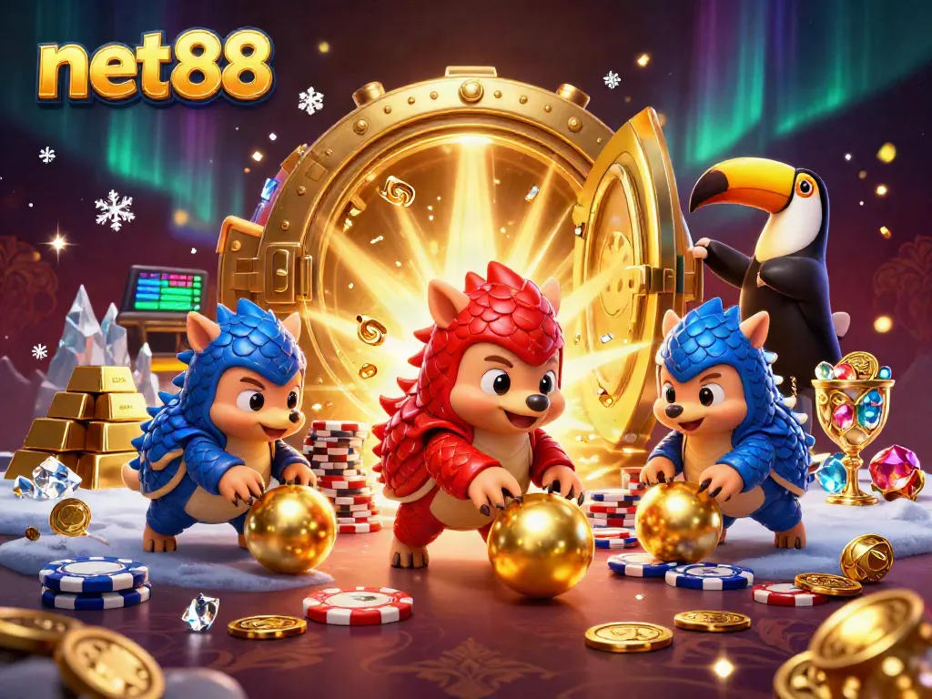 net88 pangolins rolling golden balls, vibrant casino scene with poker chips and treasure.
