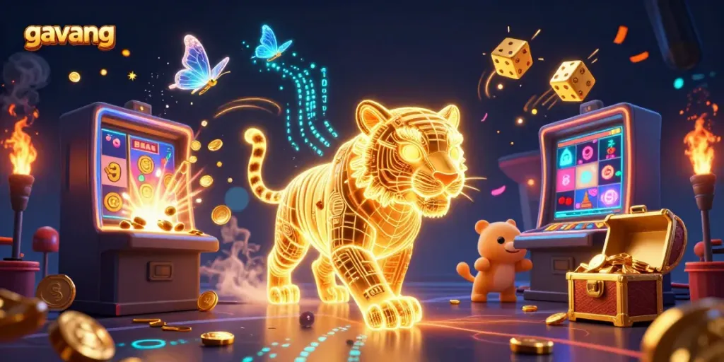 Engage with Gavang's vibrant digital casino scene featuring a golden tiger, slots, and dynamic gameplay elements.