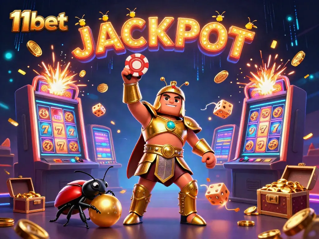 Experience thrilling wins at 11bet with a 3D illustration of a heroic beetle and casino elements.
