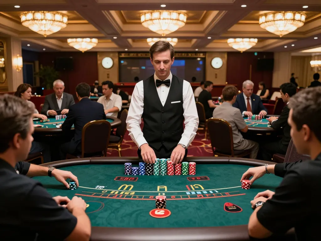 Engaged players at RR88com blackjack table stacking chips in a luxurious casino setting.