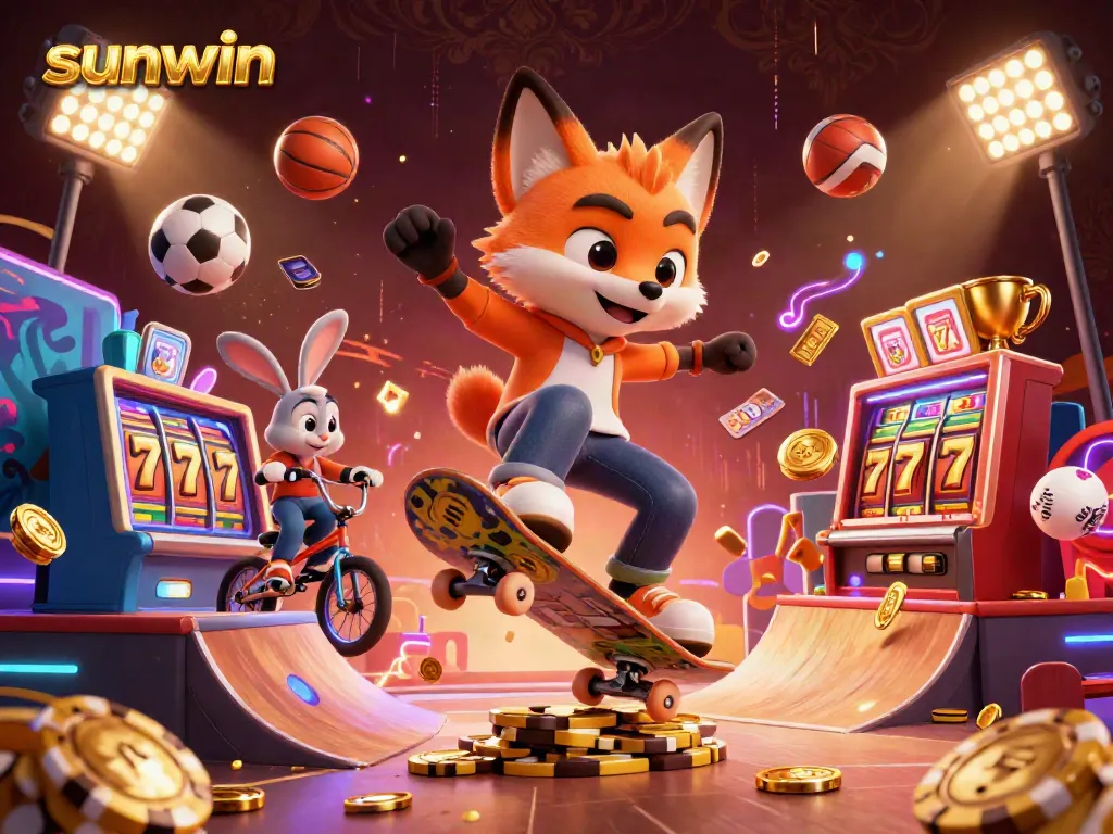 Experience the thrill of sunwin casino with a vibrant scene featuring a skateboard fox and BMX rabbit amidst dynamic game elements.