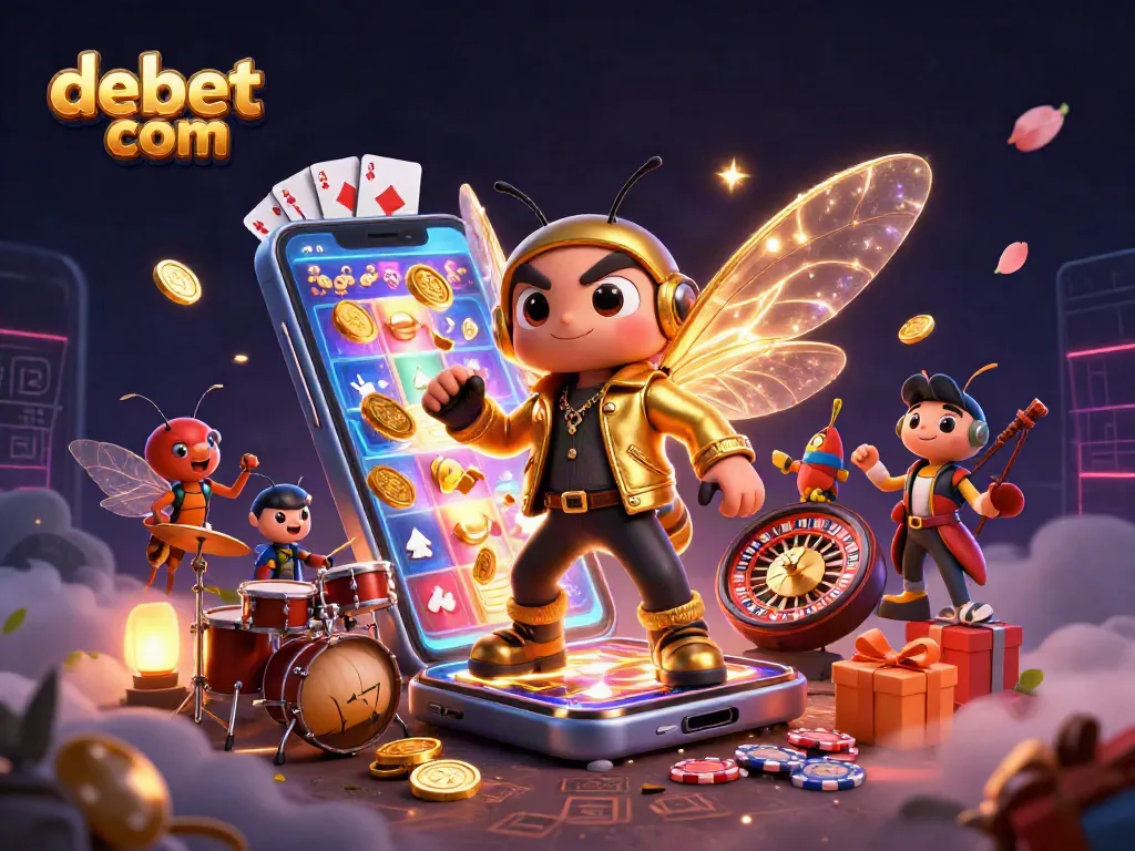 Engage with debet com's exciting gaming world through a dynamic illustration showcasing vibrant casino elements.