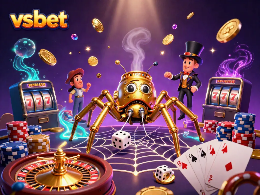 Spin winning reels at VSBET with a steampunk spider and charming fly gentleman in an enchanting casino scene.